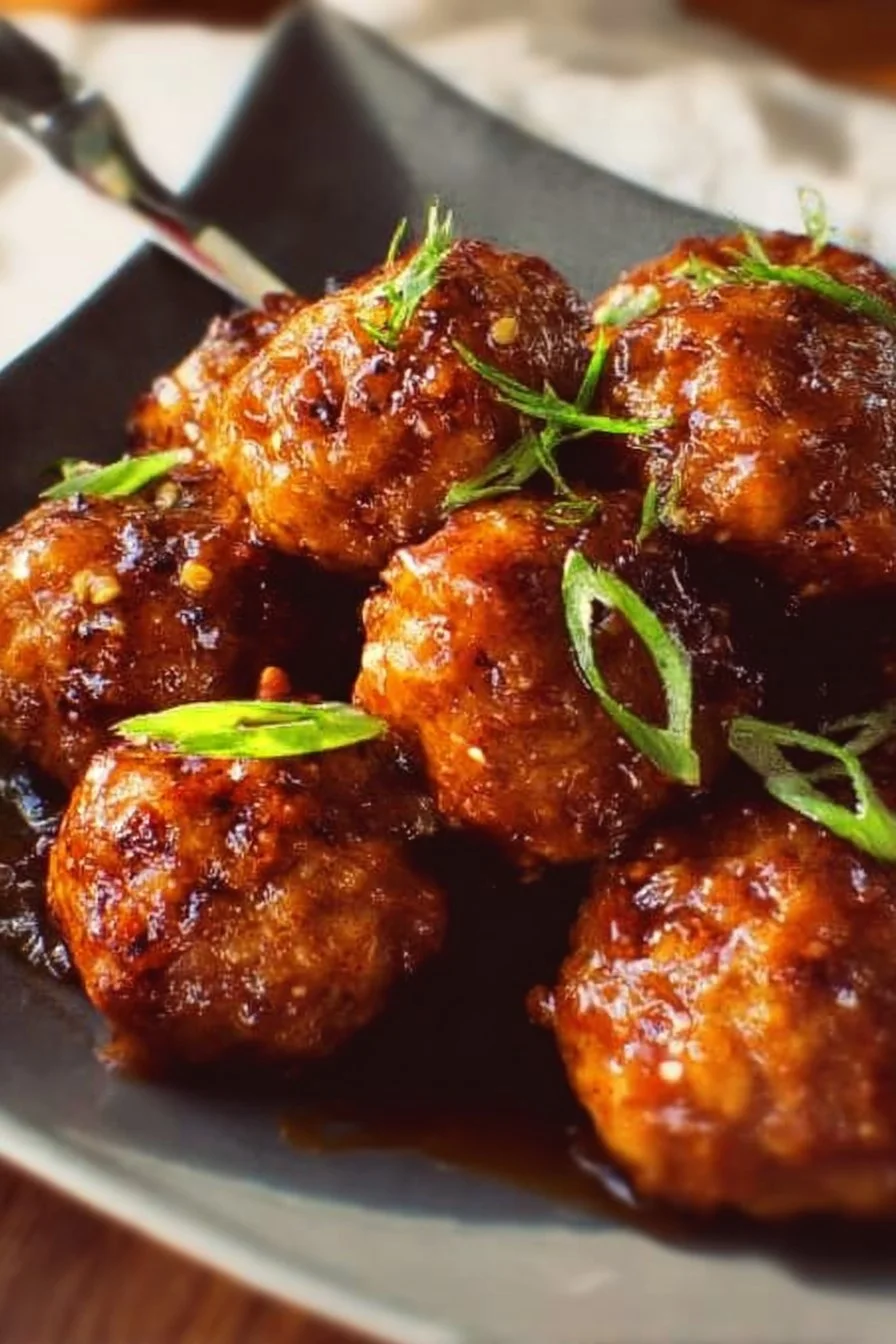 Air fryer firecracker chicken meatballs served on a plate