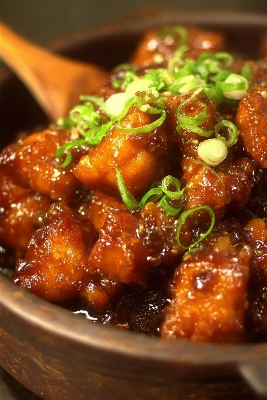 Bowl of Asian Crockpot Orange Chicken served with rice and vegetables