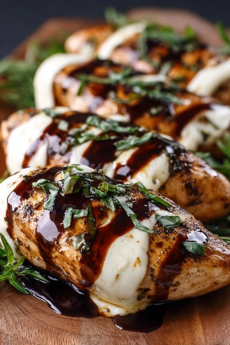 Balsamic Baked Chicken Breast with melted Mozzarella Cheese on a plate