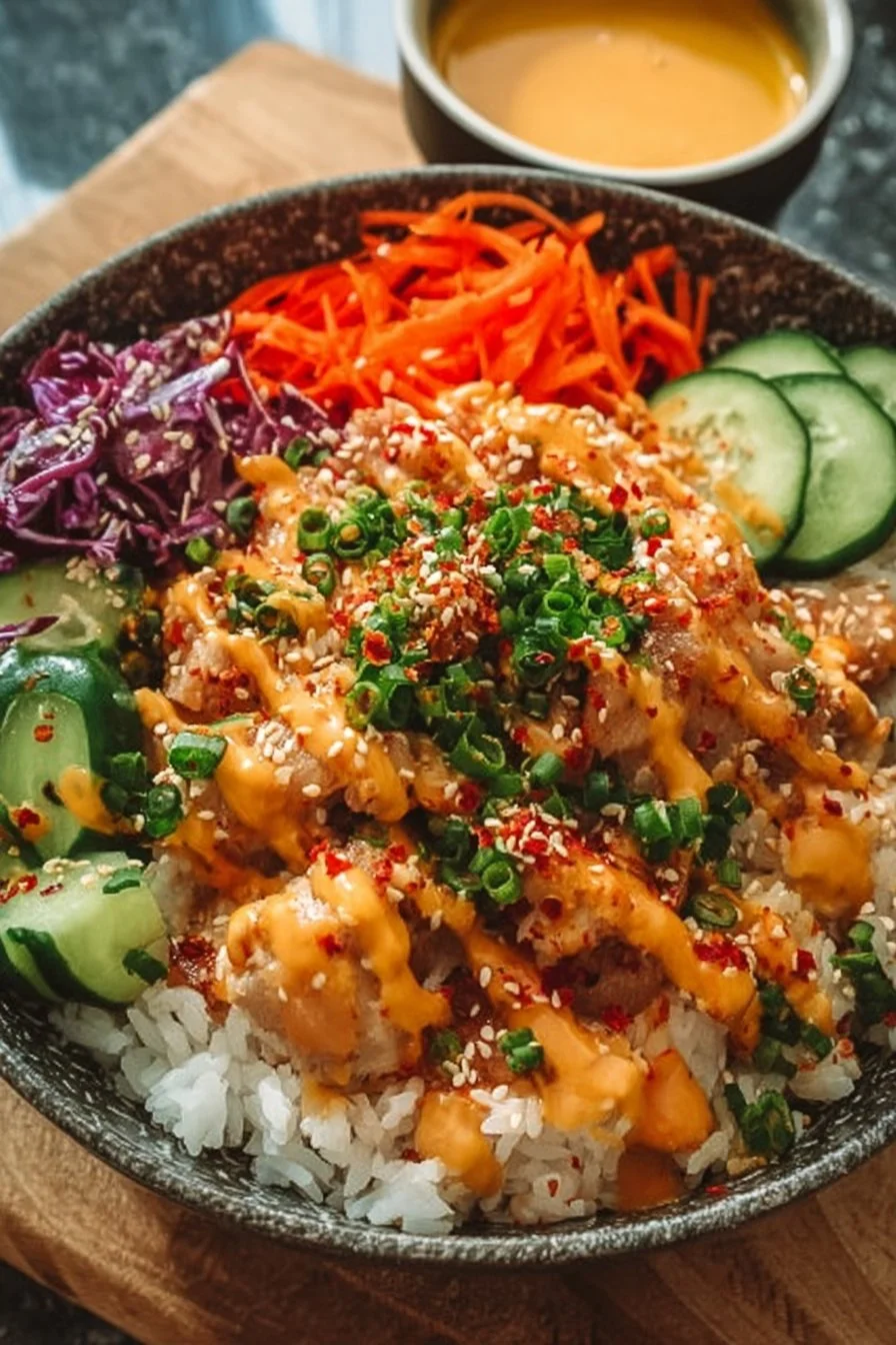 Delicious Bang Bang Chicken Bowl with flavorful sauces and fresh ingredients