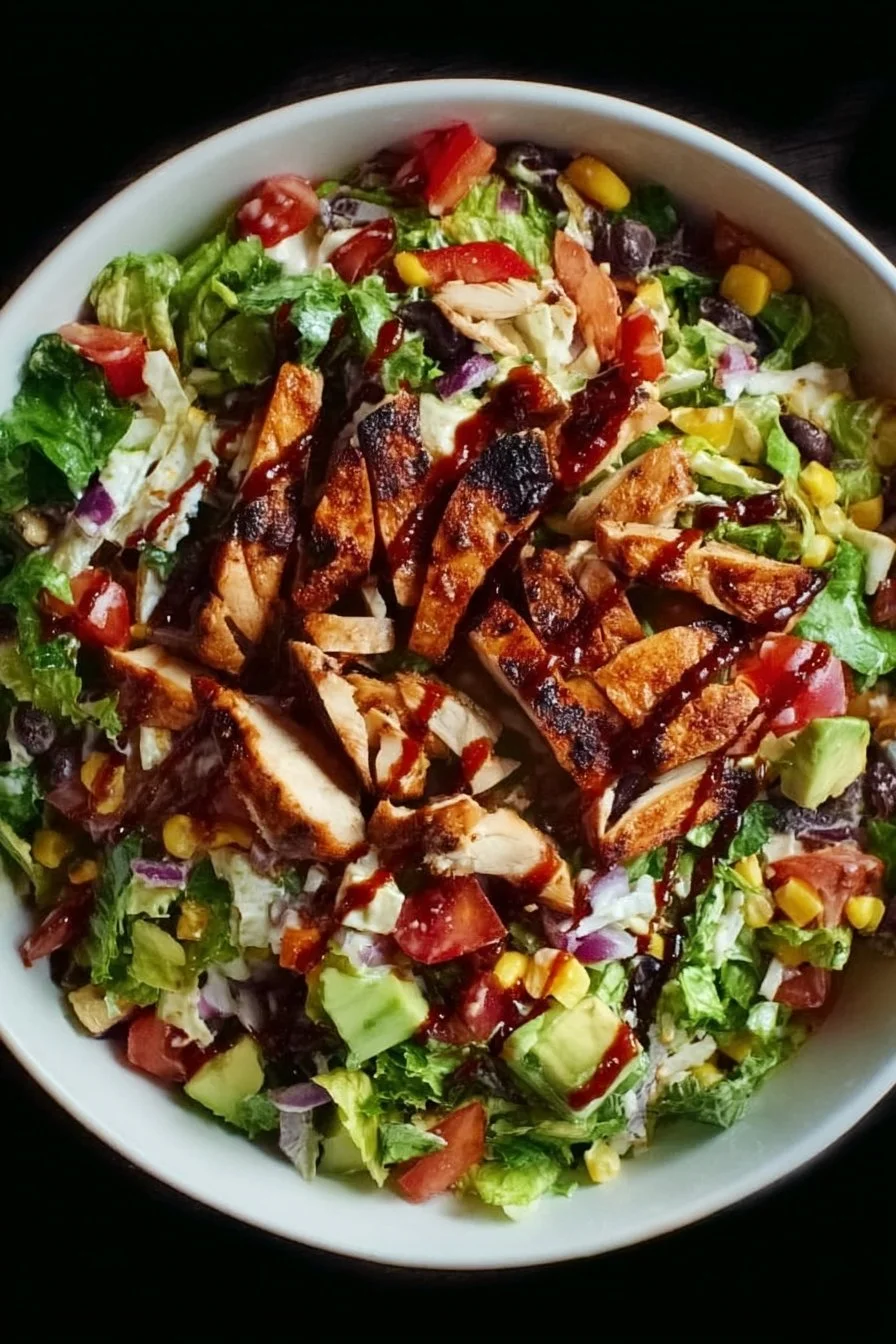 BBQ chicken chopped salad with fresh vegetables and dressing