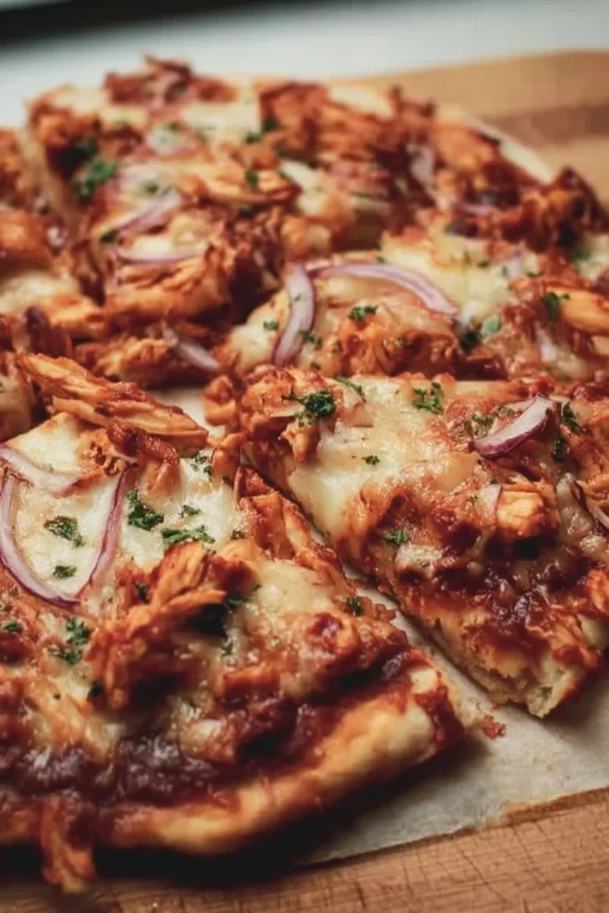 Delicious BBQ Chicken Pizza topped with cheese and barbecue sauce