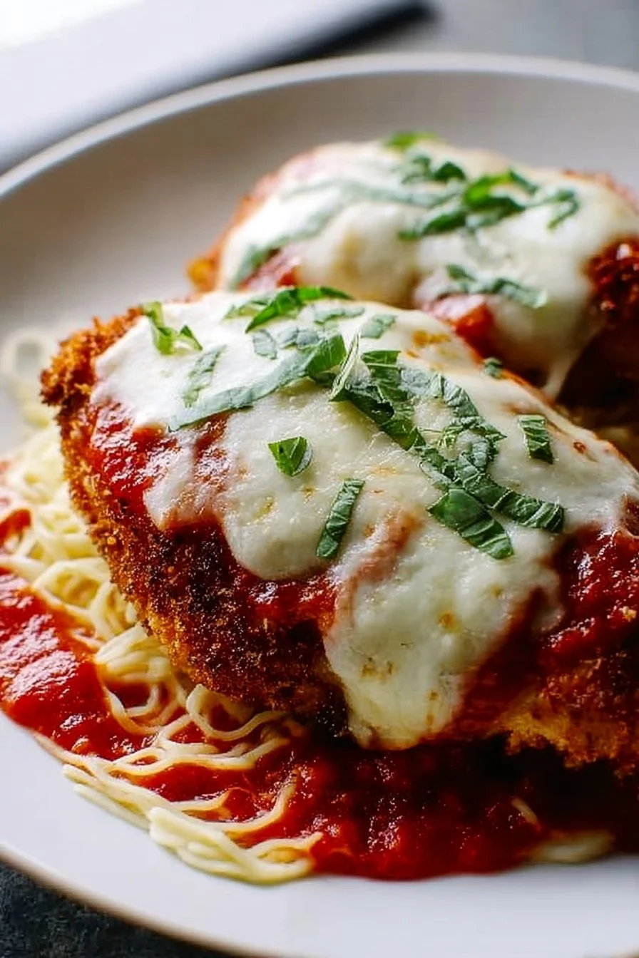 Delicious oven baked chicken parmesan served with pasta and garnished with basil.