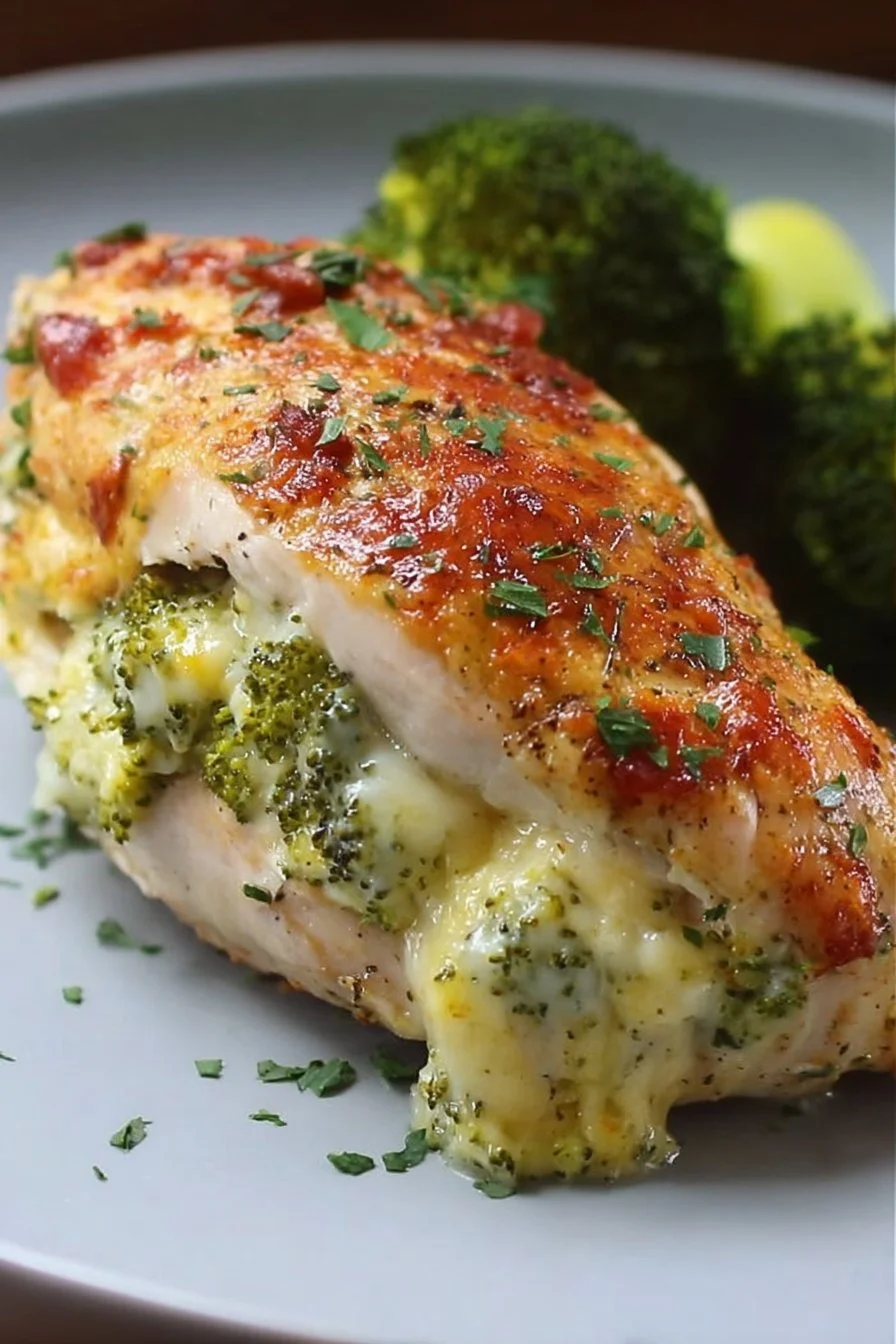 Broccoli and cheese stuffed chicken breast plated with garnish.