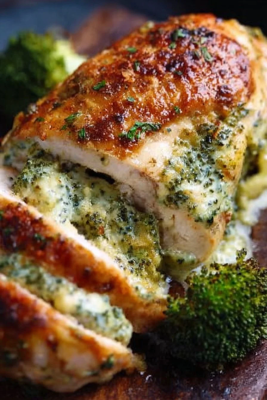 Broccoli Stuffed Chicken 2 Broccoli stuffed chicken breast with cheese and herbs on a plate.