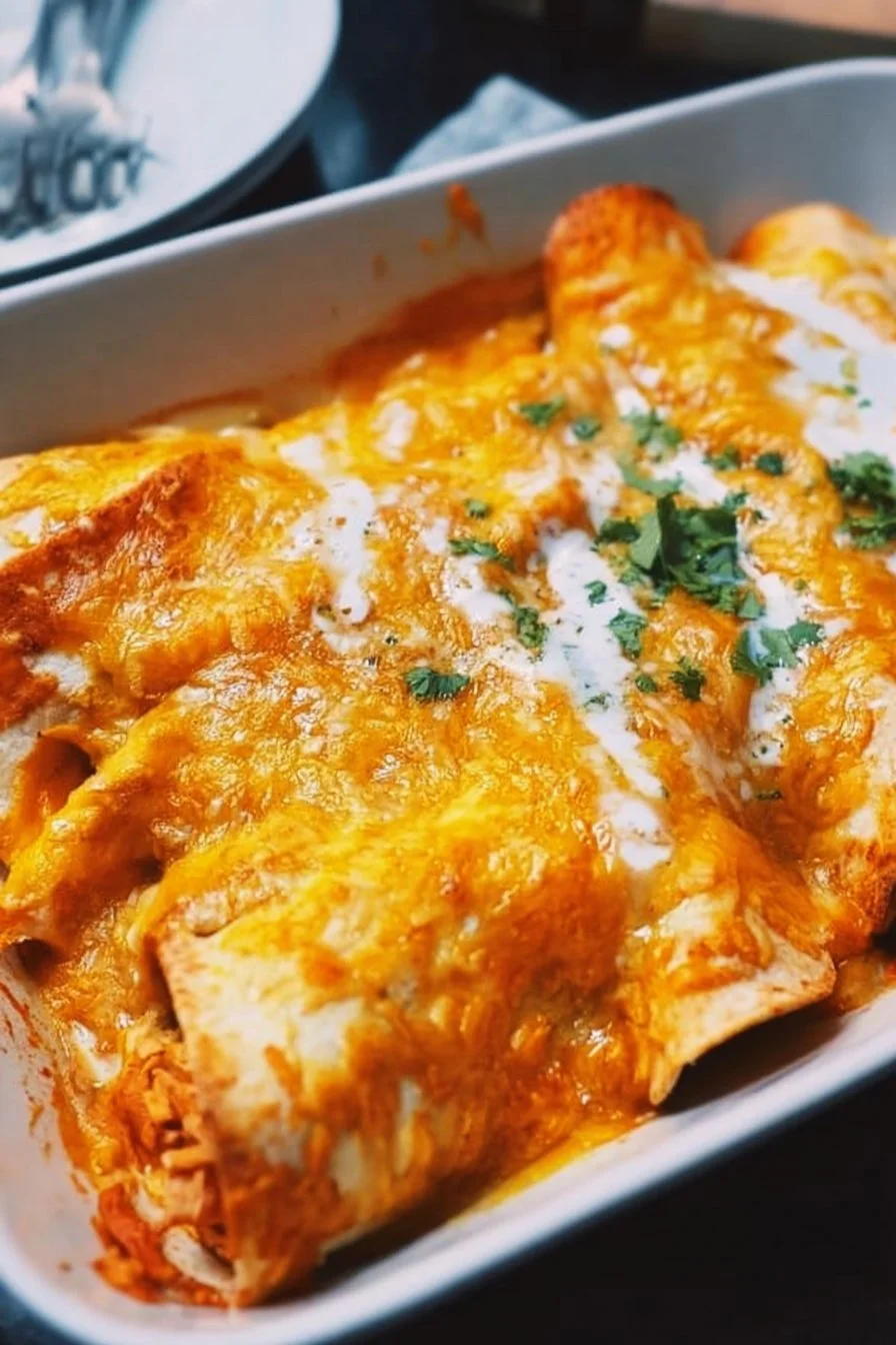Delicious Buffalo Chicken Enchiladas topped with cheese and sauce