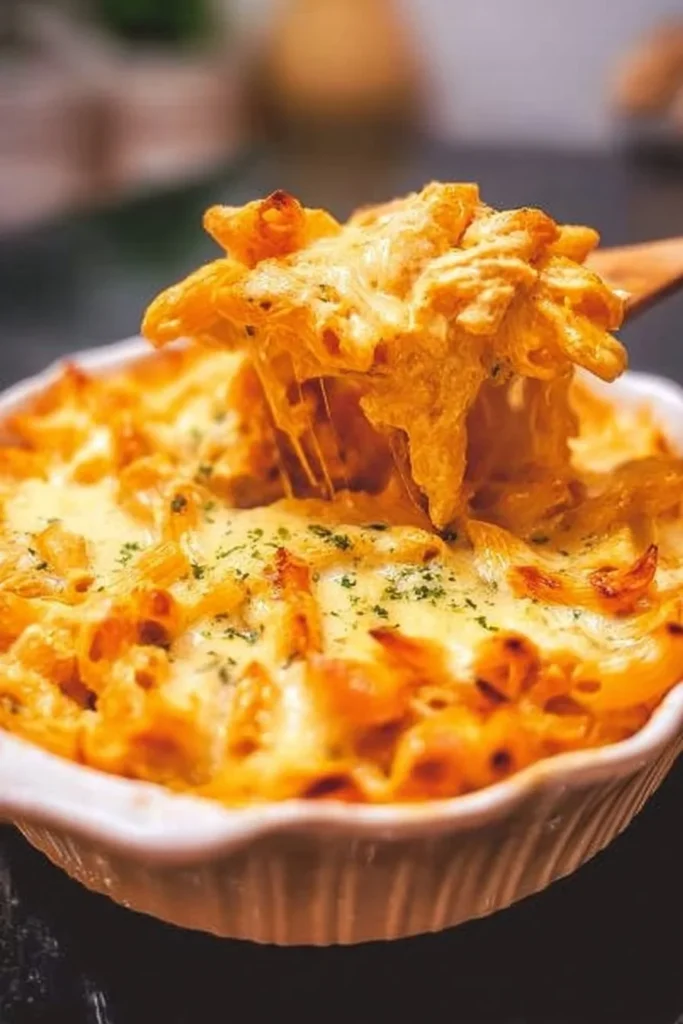 Delicious baked Buffalo Chicken Pasta topped with cheese and spicy sauce.