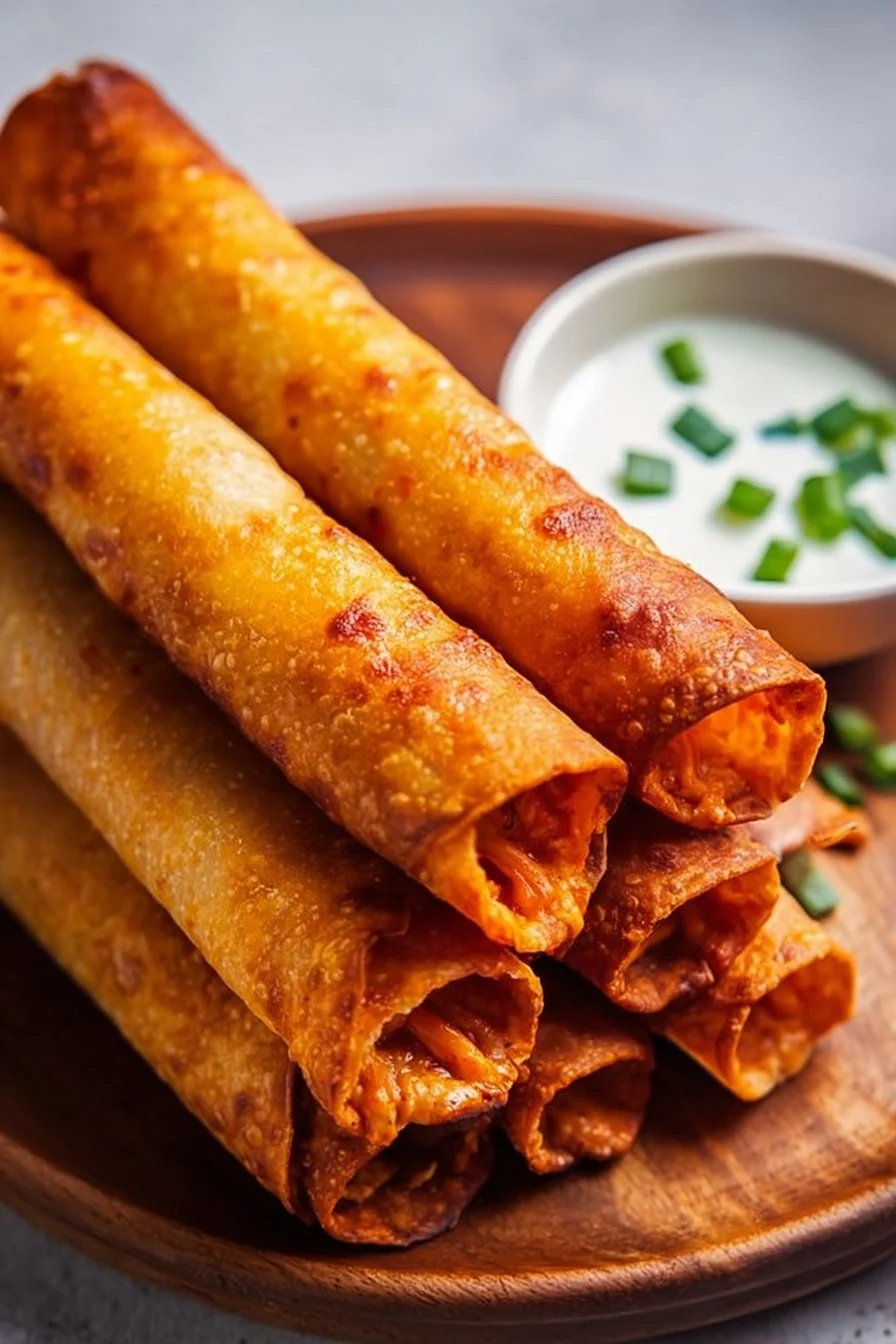 Buffalo Chicken Taquitos served on a plate with dipping sauce