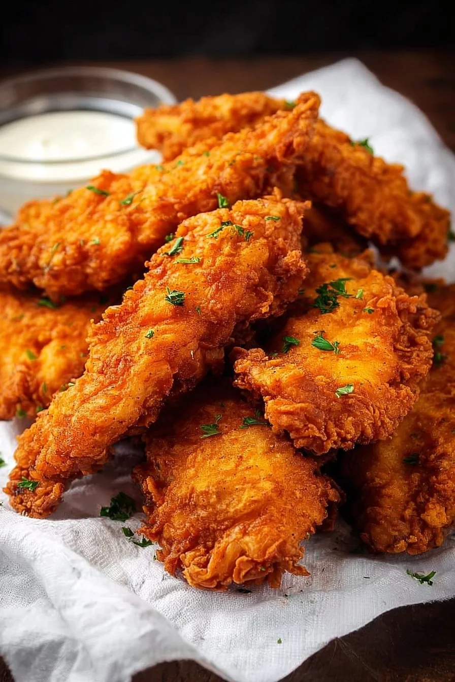 Buttermilk Fried Chicken Tenders 2 Juicy buttermilk fried chicken tenders on a plate with dipping sauce.