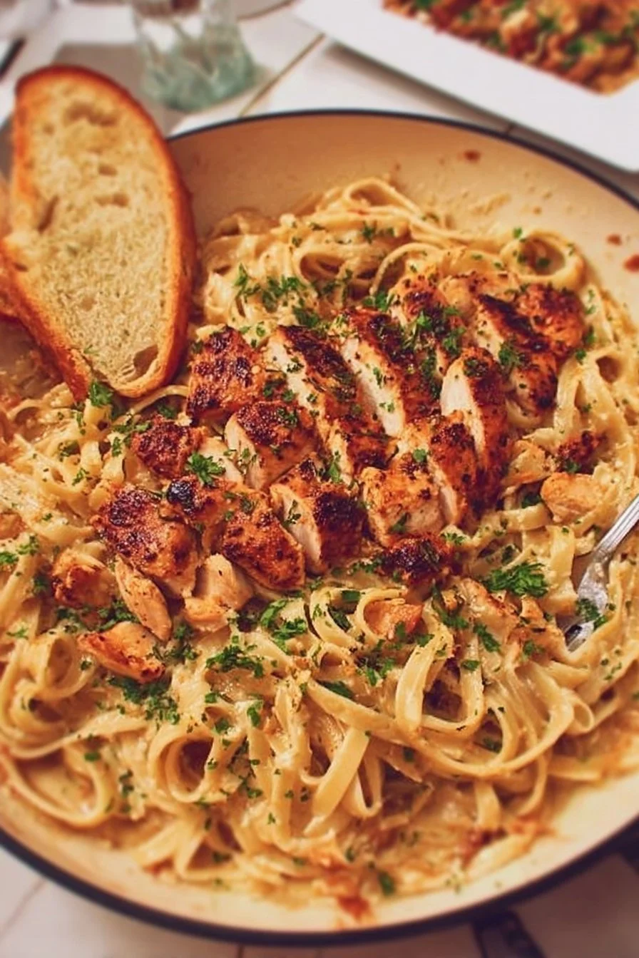 Delicious plate of Cajun Chicken Alfredo with creamy sauce and spices