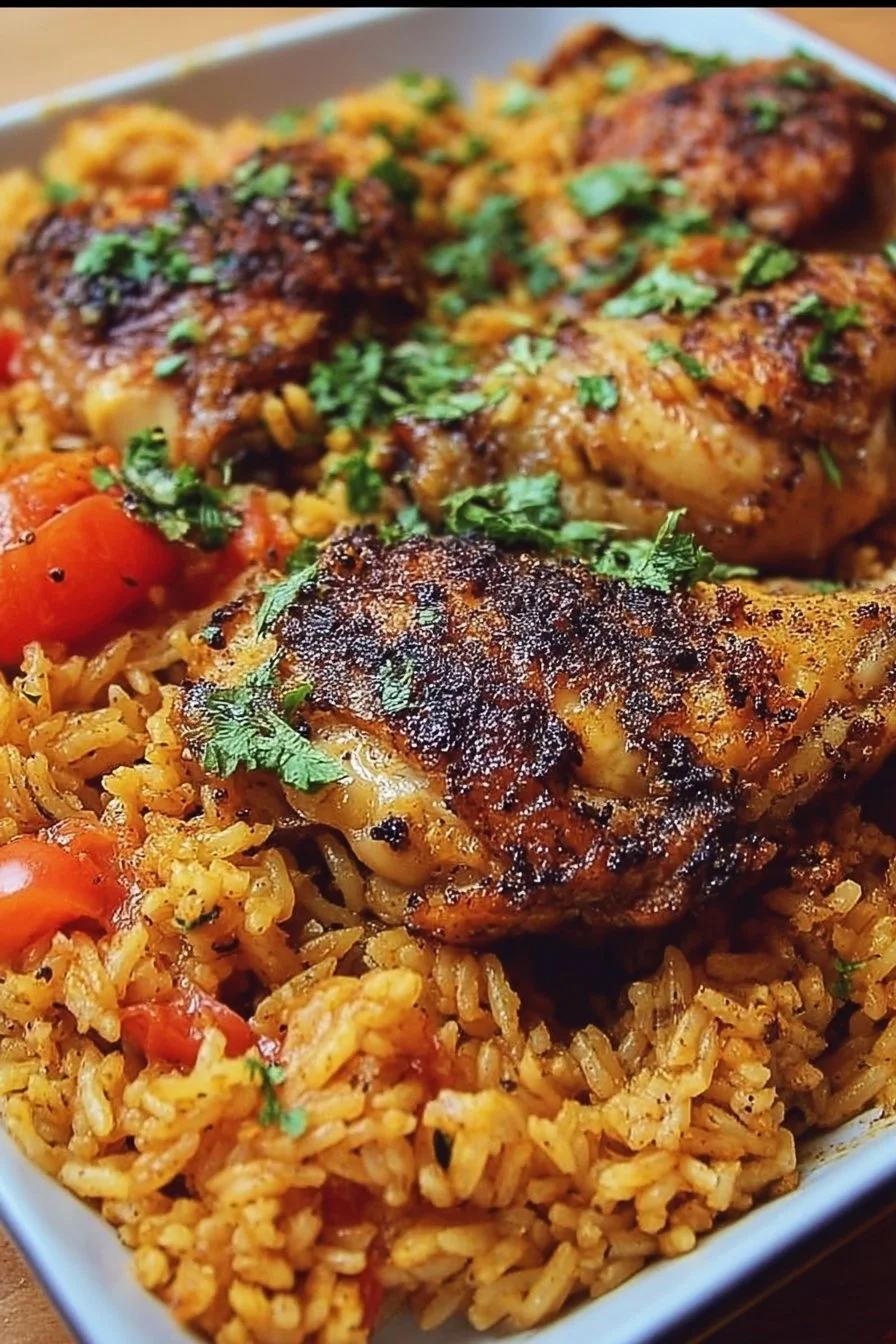 Plate of delicious Caribbean Chicken and Rice garnished with fresh herbs.