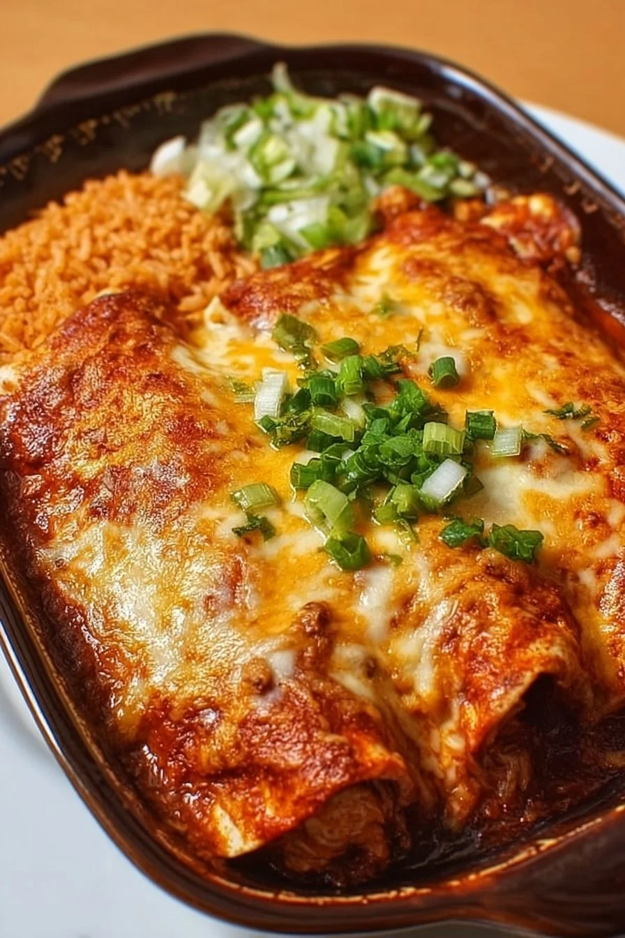 Cheesy rotisserie chicken enchiladas topped with melted cheese and fresh ingredients