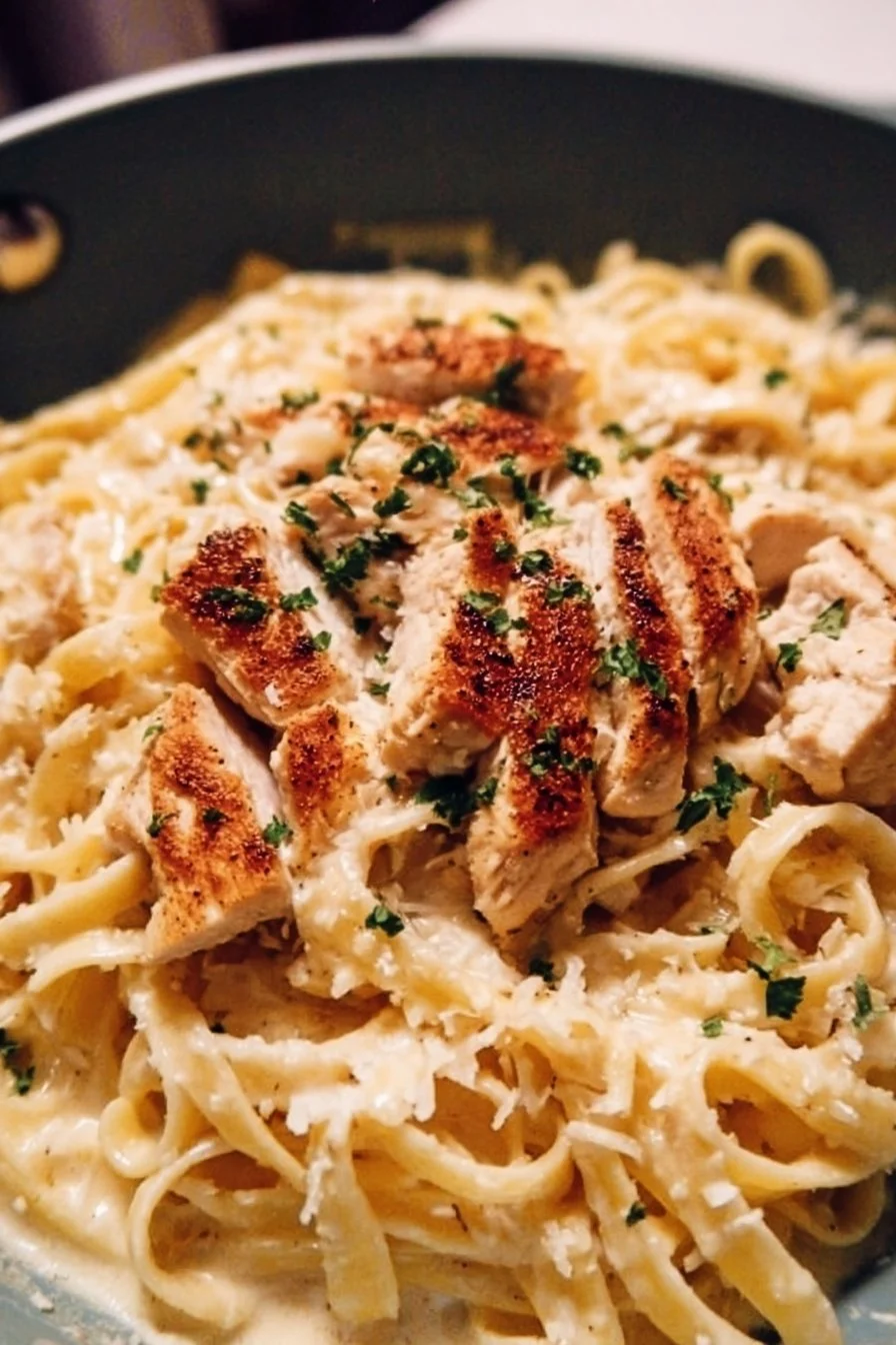 Delicious Chicken Alfredo served in a bowl with chicken and fettuccine noodles