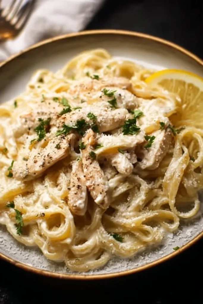 Delicious Chicken Alfredo with creamy sauce and grilled chicken on pasta.