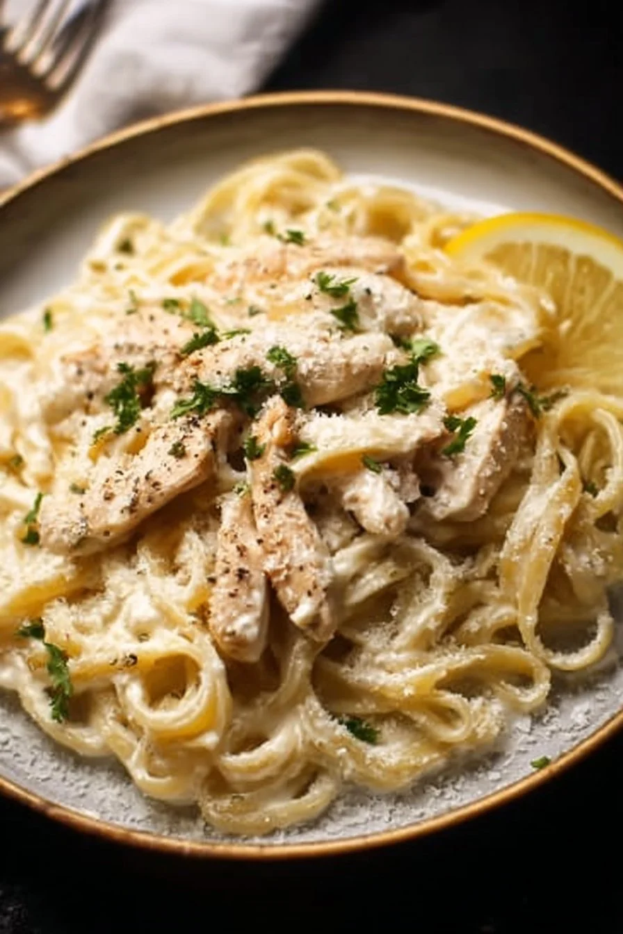 Delicious Chicken Alfredo with creamy sauce and grilled chicken on pasta.
