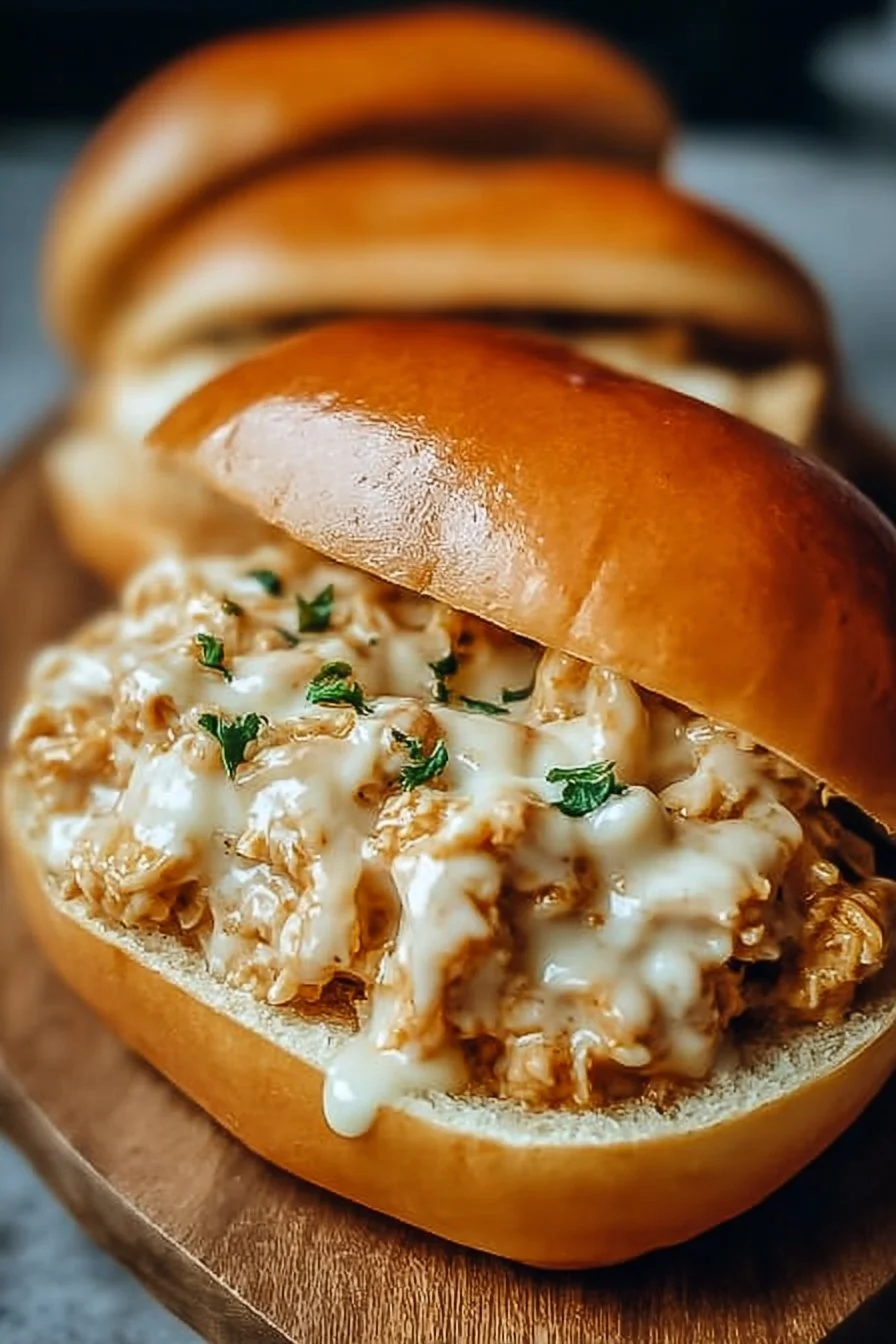 Chicken Alfredo Sloppy Joes served on a plate with fresh garnishes.