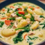 Delicious Chicken Gnocchi Soup in a bowl garnished with herbs and bread on the side.