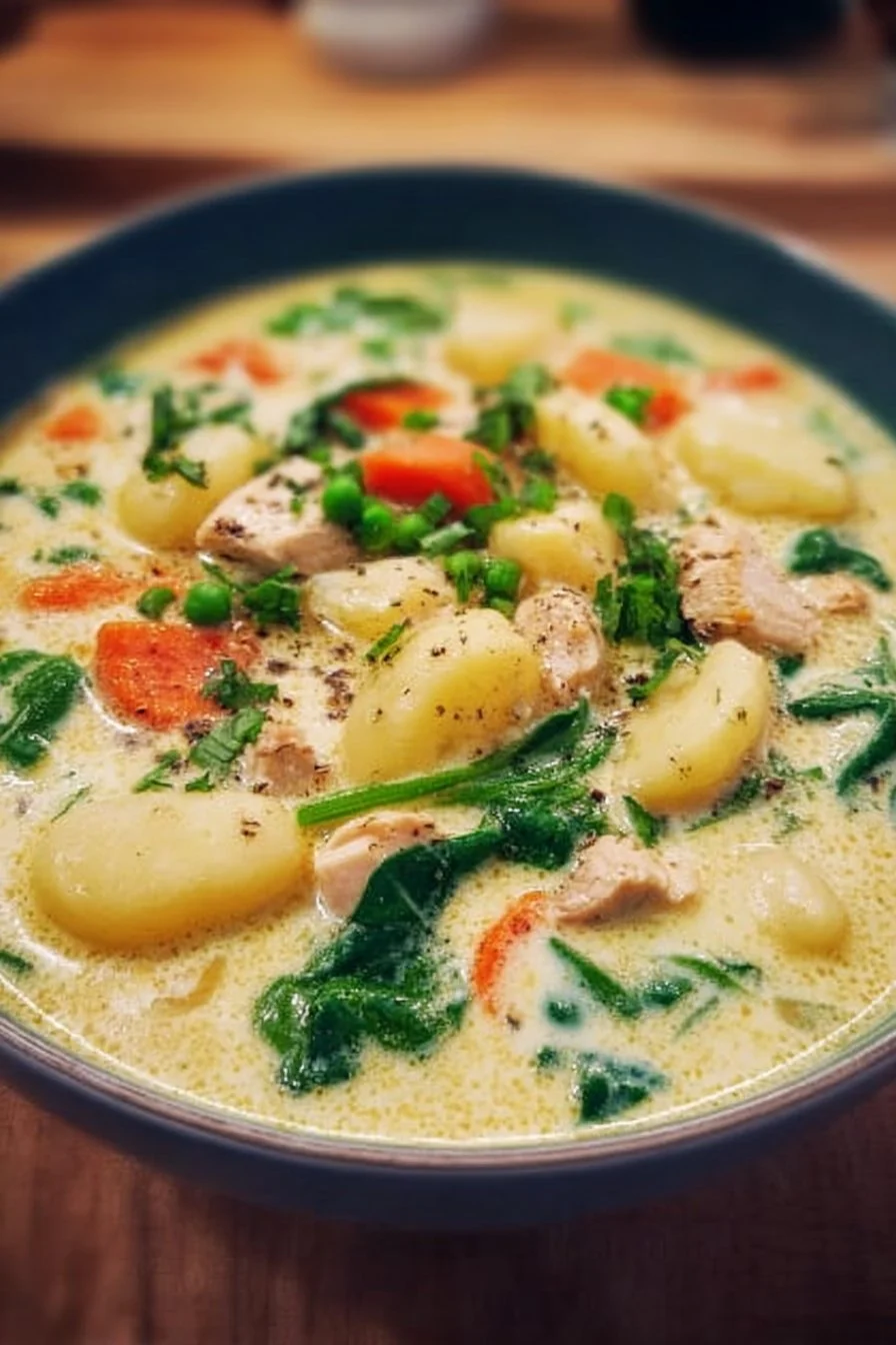 Delicious Chicken Gnocchi Soup in a bowl garnished with herbs and bread on the side.