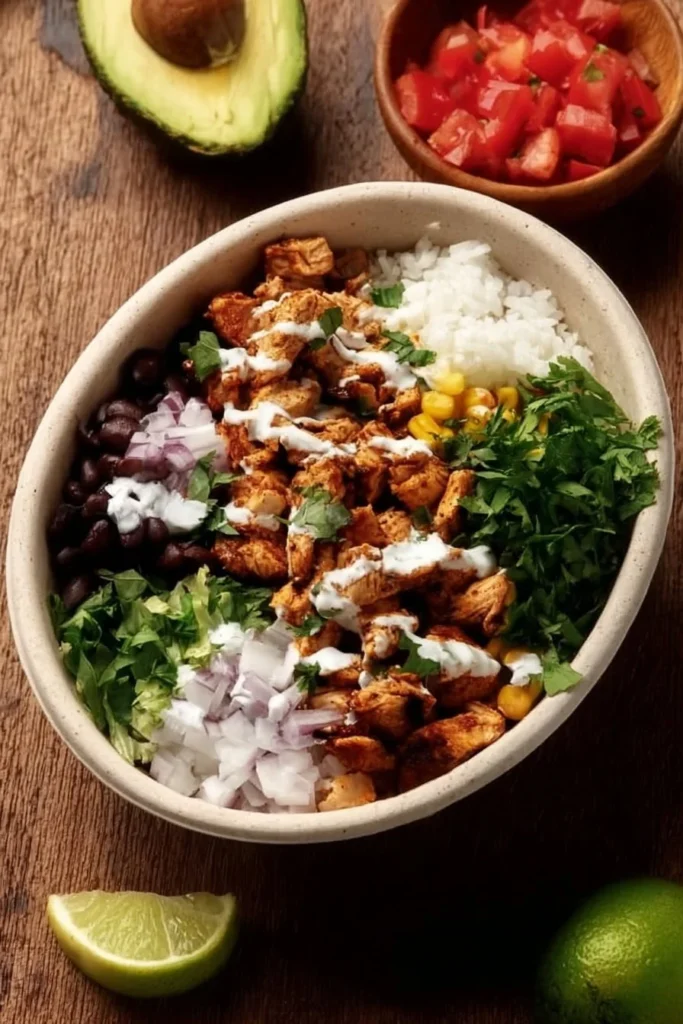Delicious Chicken Burrito Bowls with fresh ingredients and spices