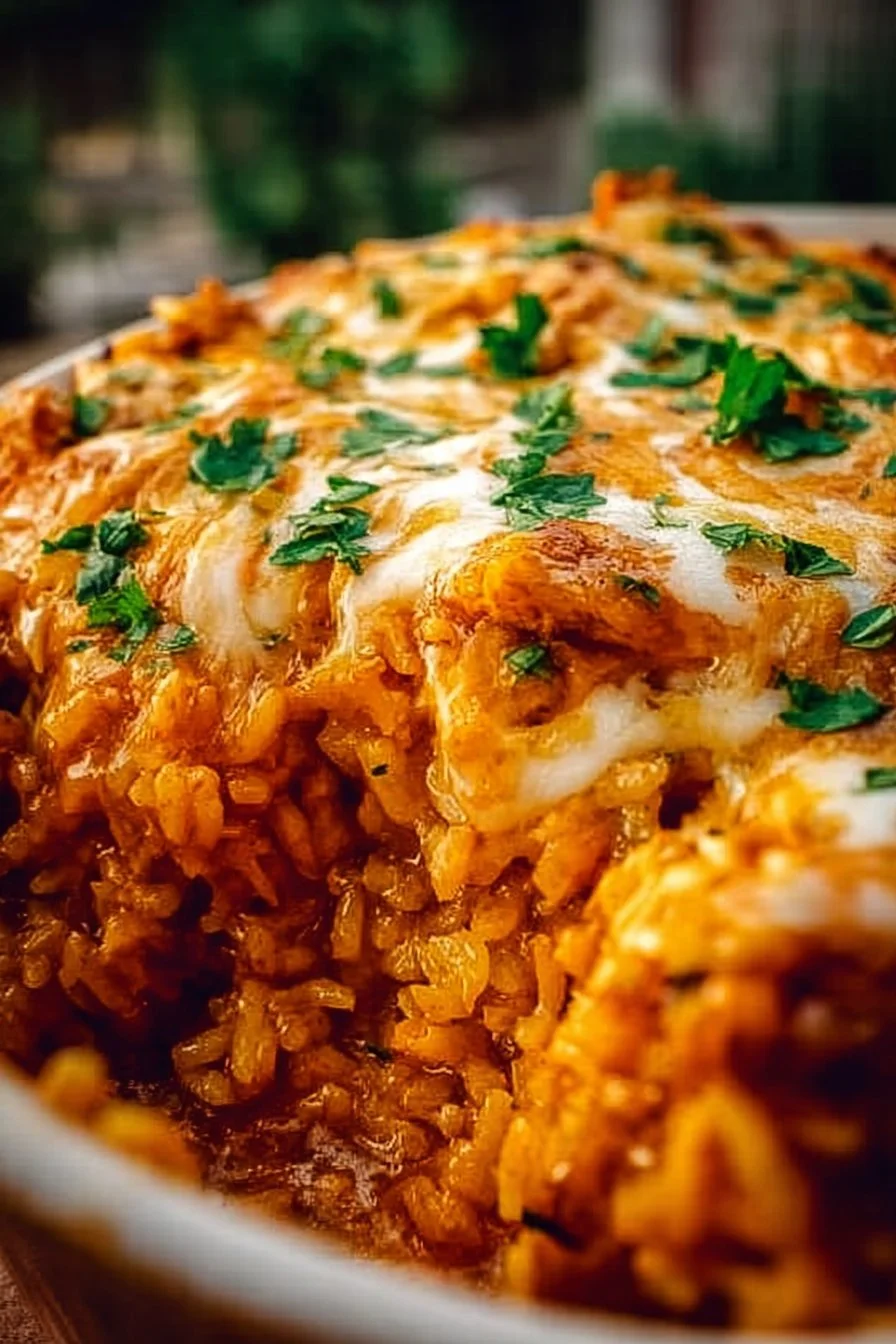 Delicious Chicken Enchilada Rice Casserole with cheese and toppings
