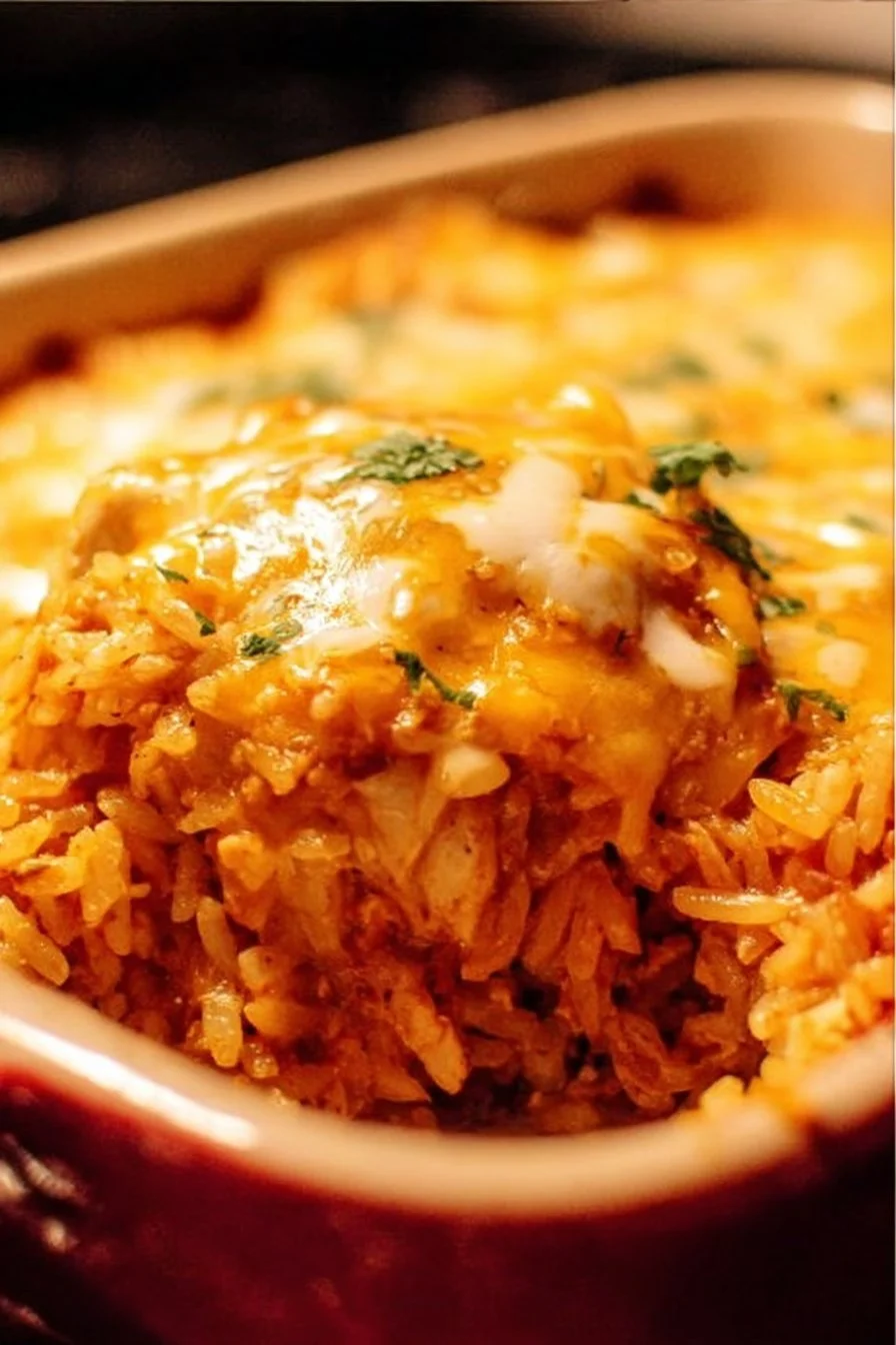 Delicious Chicken Enchilada Rice Casserole topped with cheese and served in a dish.