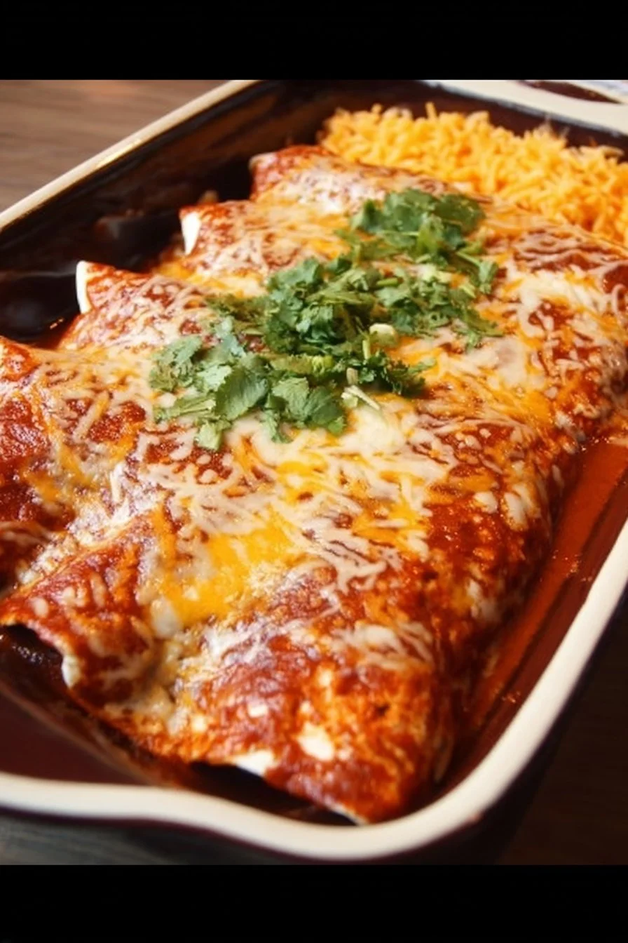 Delicious homemade chicken enchiladas served with sauce and toppings.