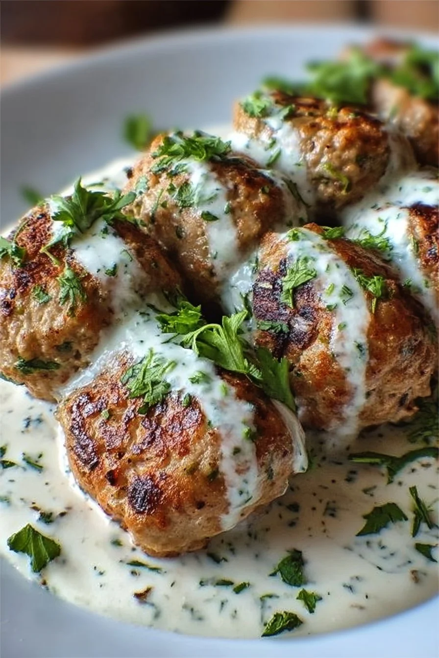 Plate of Chicken Kofta drizzled with creamy garlic yogurt sauce
