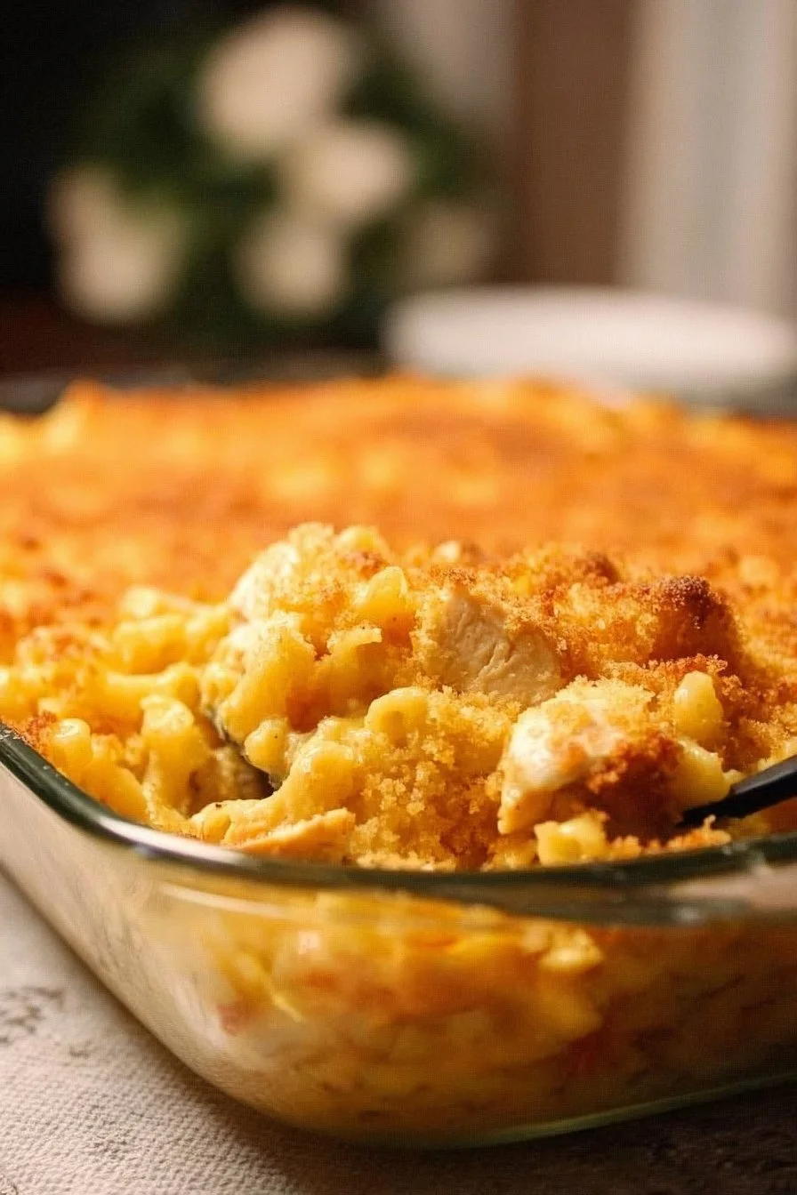 Delicious Chicken Mac and Cheese Casserole served in a baking dish