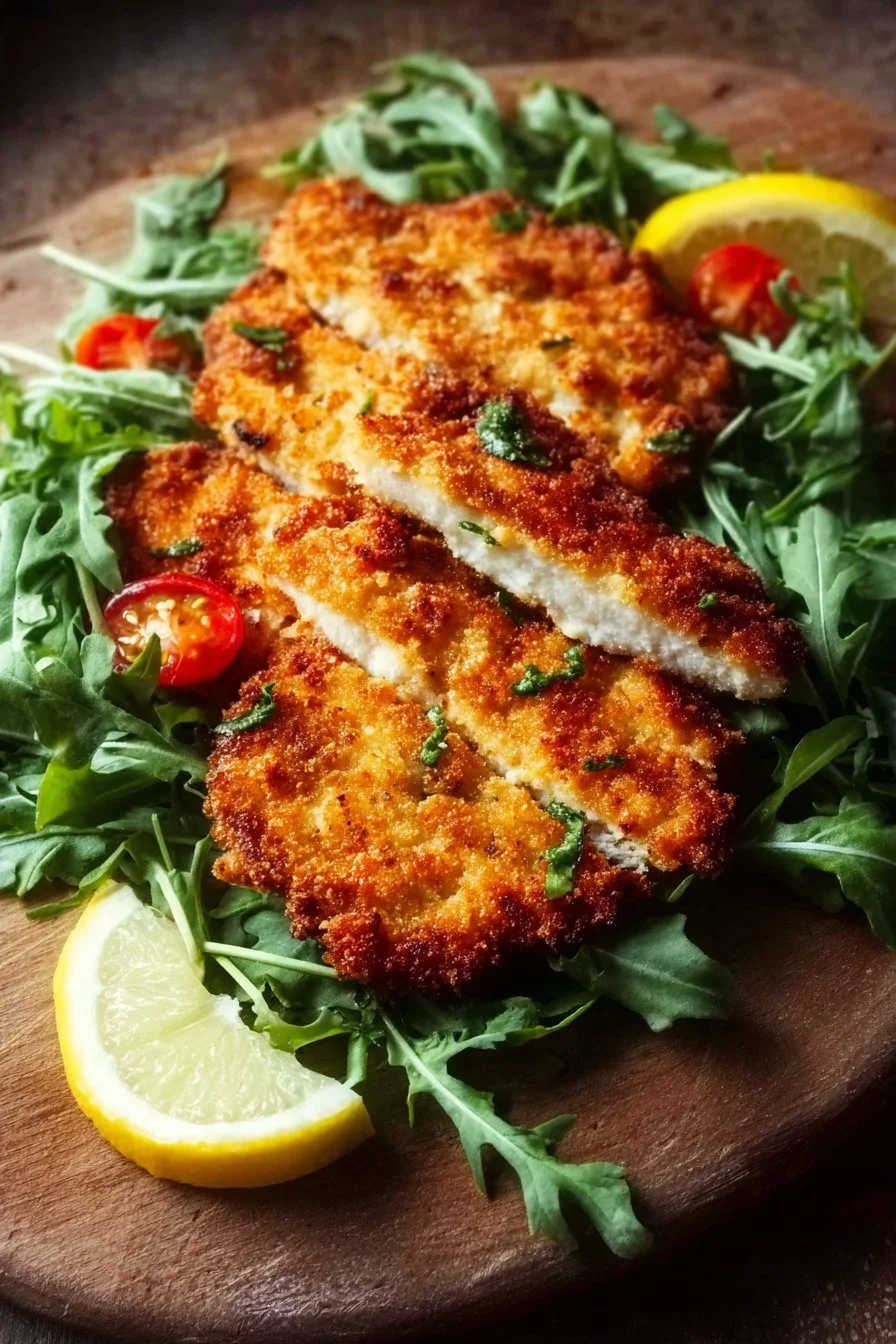 Delicious Chicken Milanese served with lemon and herbs.