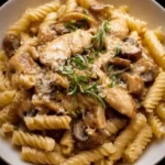 Delicious Chicken Mushroom Pasta served in a bowl with fresh herbs