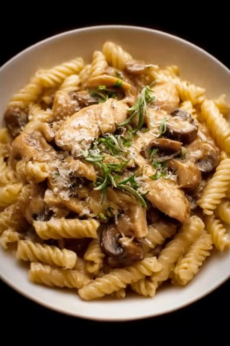 Chicken Mushroom Pasta 2 Delicious Chicken Mushroom Pasta served in a bowl with fresh herbs