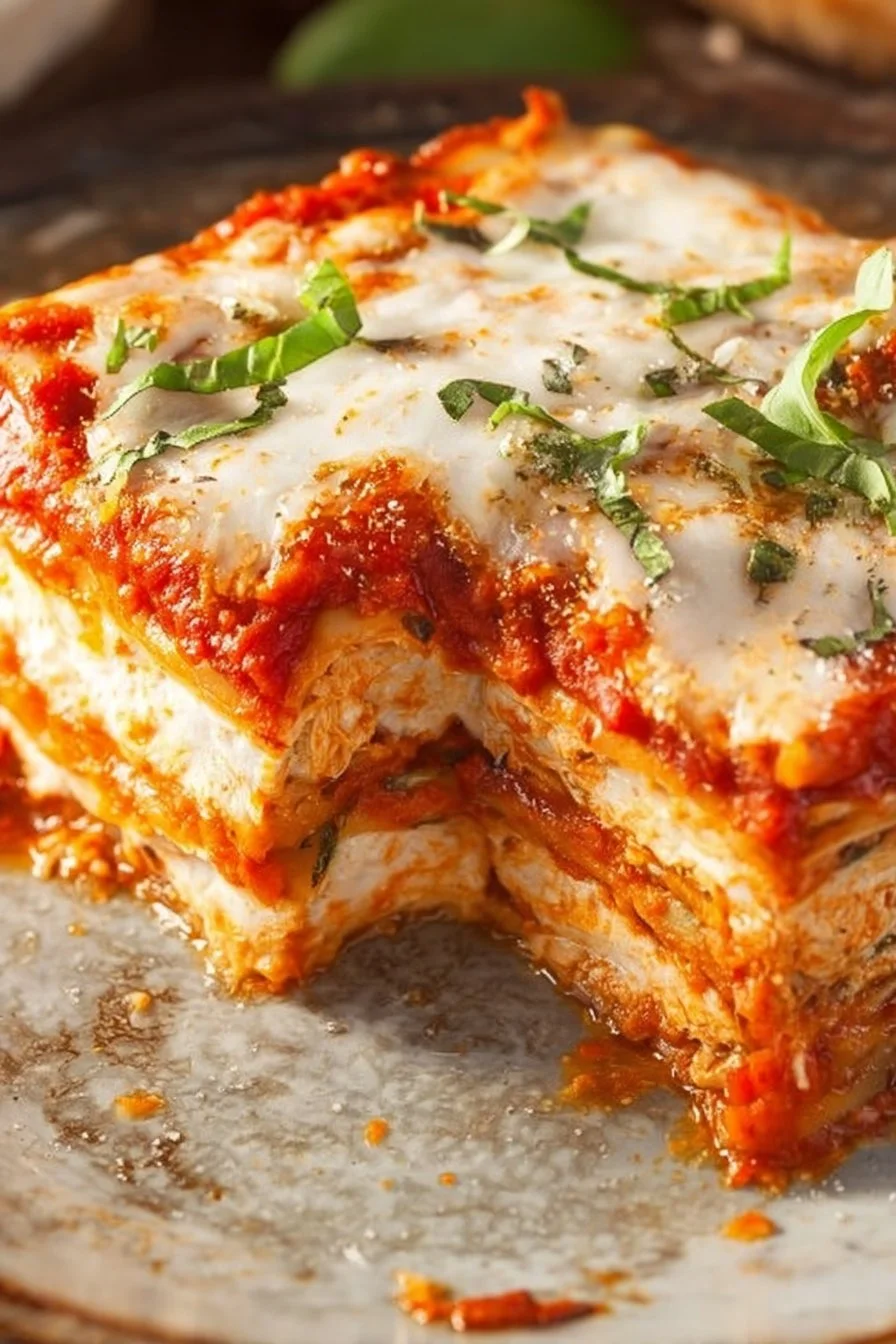 Delicious Chicken Parmesan Lasagna baked to perfection with cheese and herbs