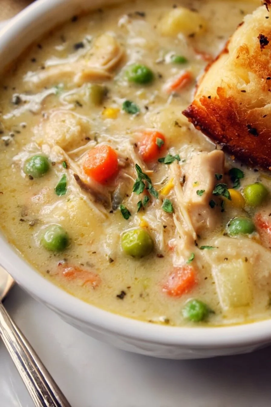Delicious homemade Chicken Pot Pie Soup served in a bowl.