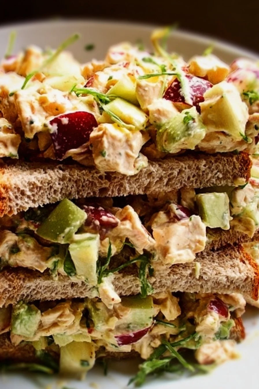 Plate of fresh chicken salad sandwiches with lettuce and tomatoes