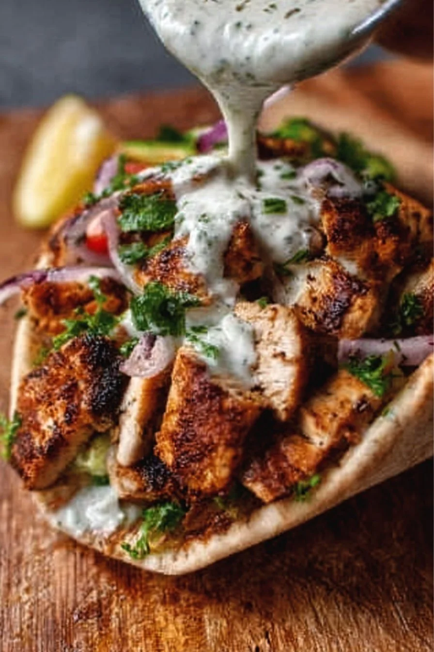 Plate of Chicken Shawarma with flavorful garlic sauce