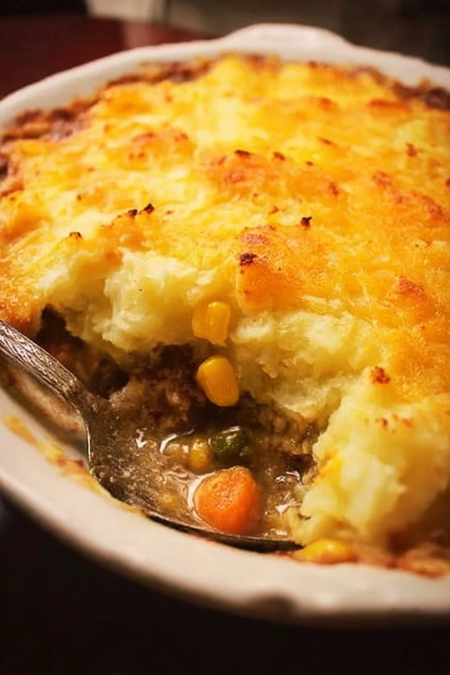 Delicious Chicken Shepherd's Pie topped with creamy mashed potatoes