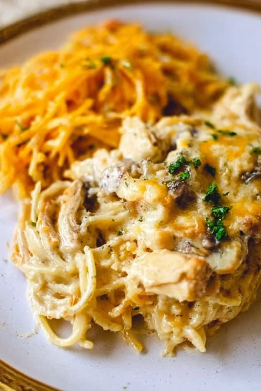 Chicken Tetrazzini 2 Creamy Chicken Tetrazzini topped with cheese and herbs