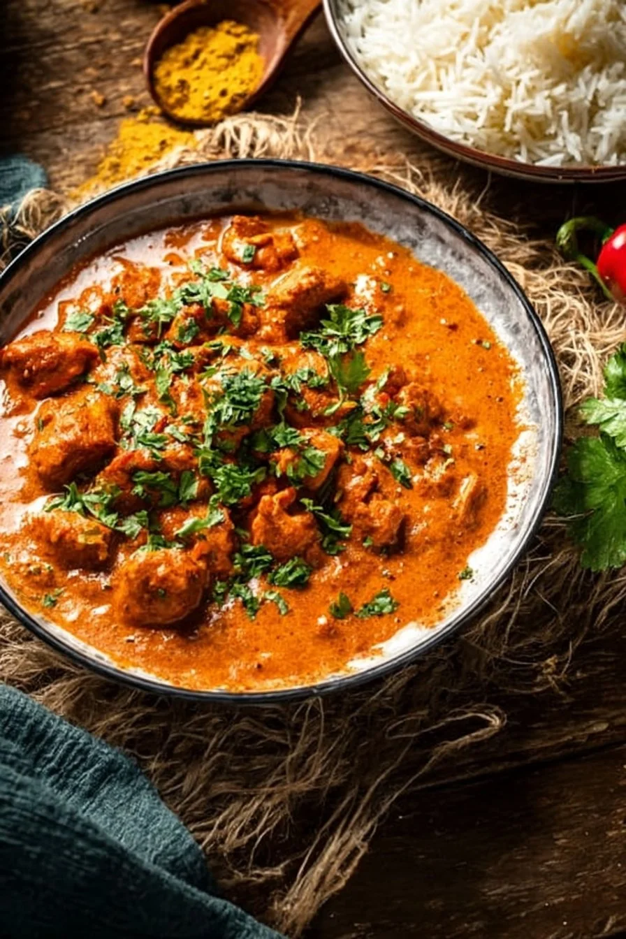 Delicious Chicken Tikka Masala served with rice and garnished with cilantro