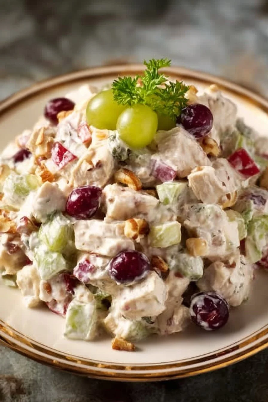Chicken Waldorf Salad 2 A vibrant Chicken Waldorf Salad with chicken, apples, walnuts, and celery served in a bowl.