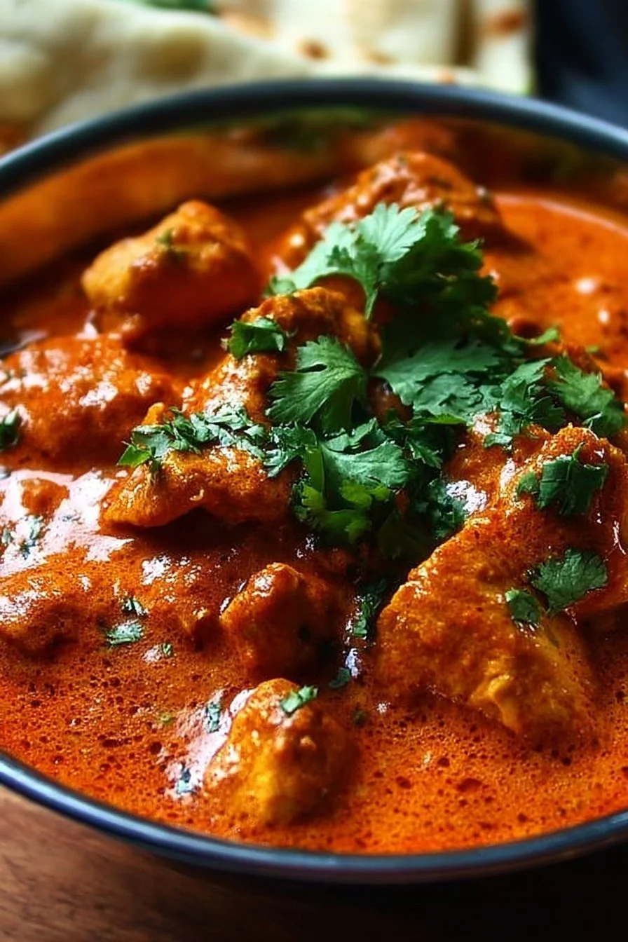 Classic Butter Chicken 2 Delicious classic butter chicken served with rice and naan bread.