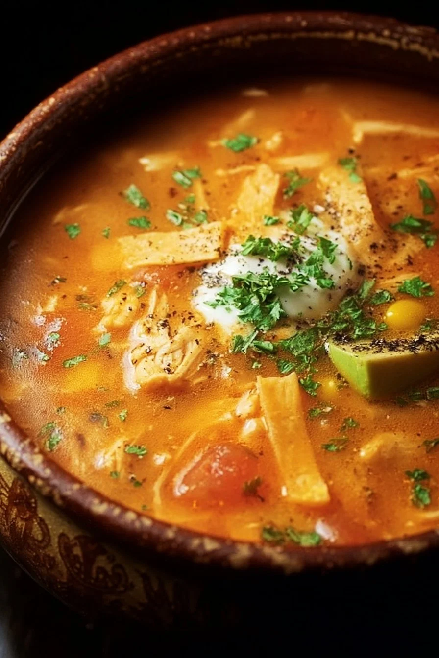 Bowl of Classic Chicken Tortilla Soup garnished with avocado and tortilla strips