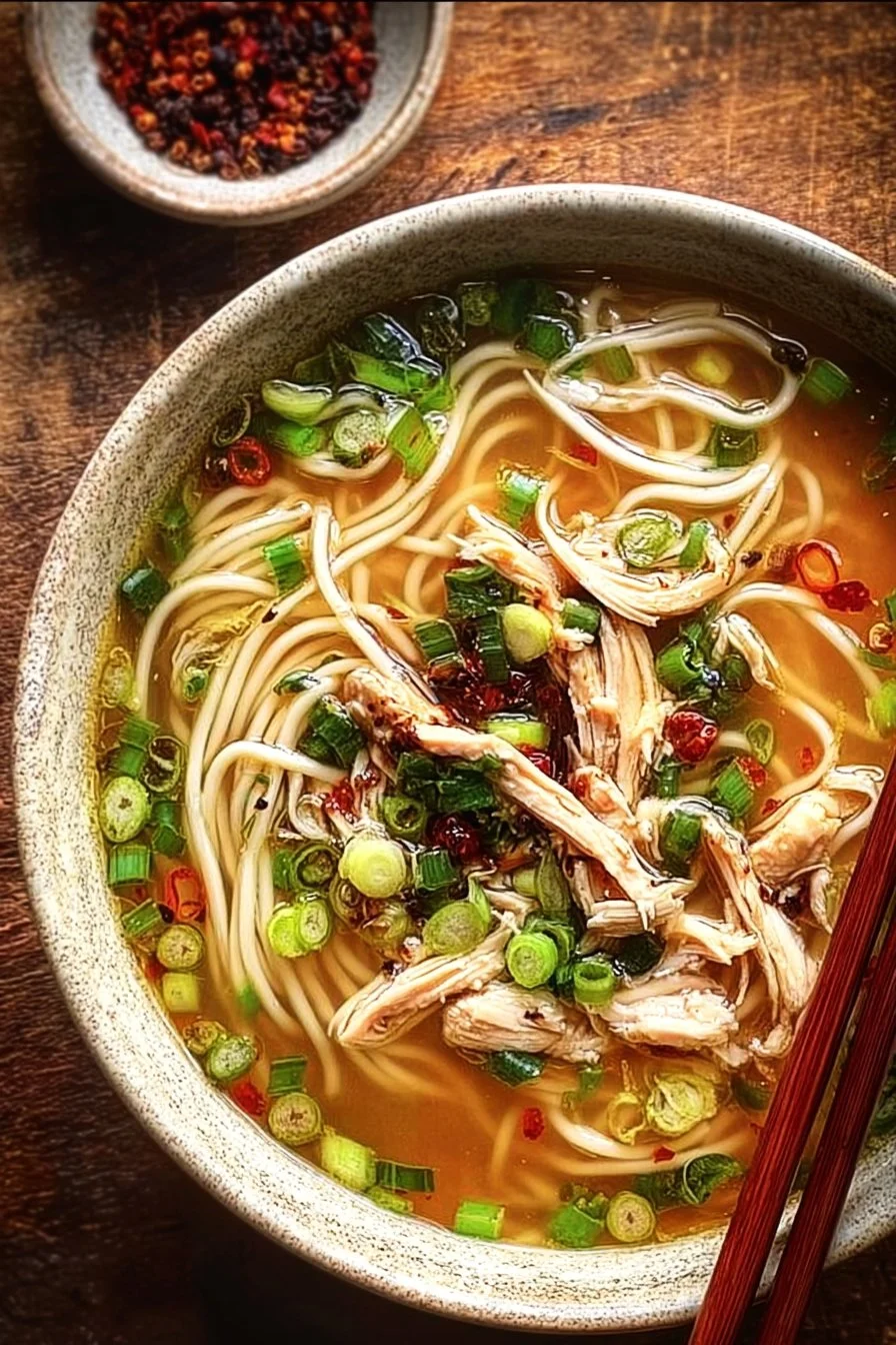 Bowl of Classic Ginger Garlic Chicken Noodle Soup with herbs and noodles.