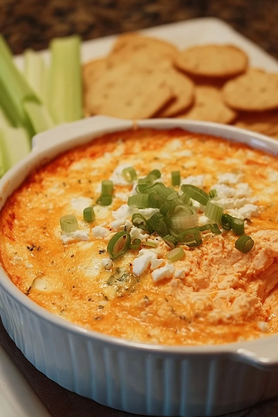 Cottage Cheese Buffalo Chicken Dip served in a bowl with tortilla chips