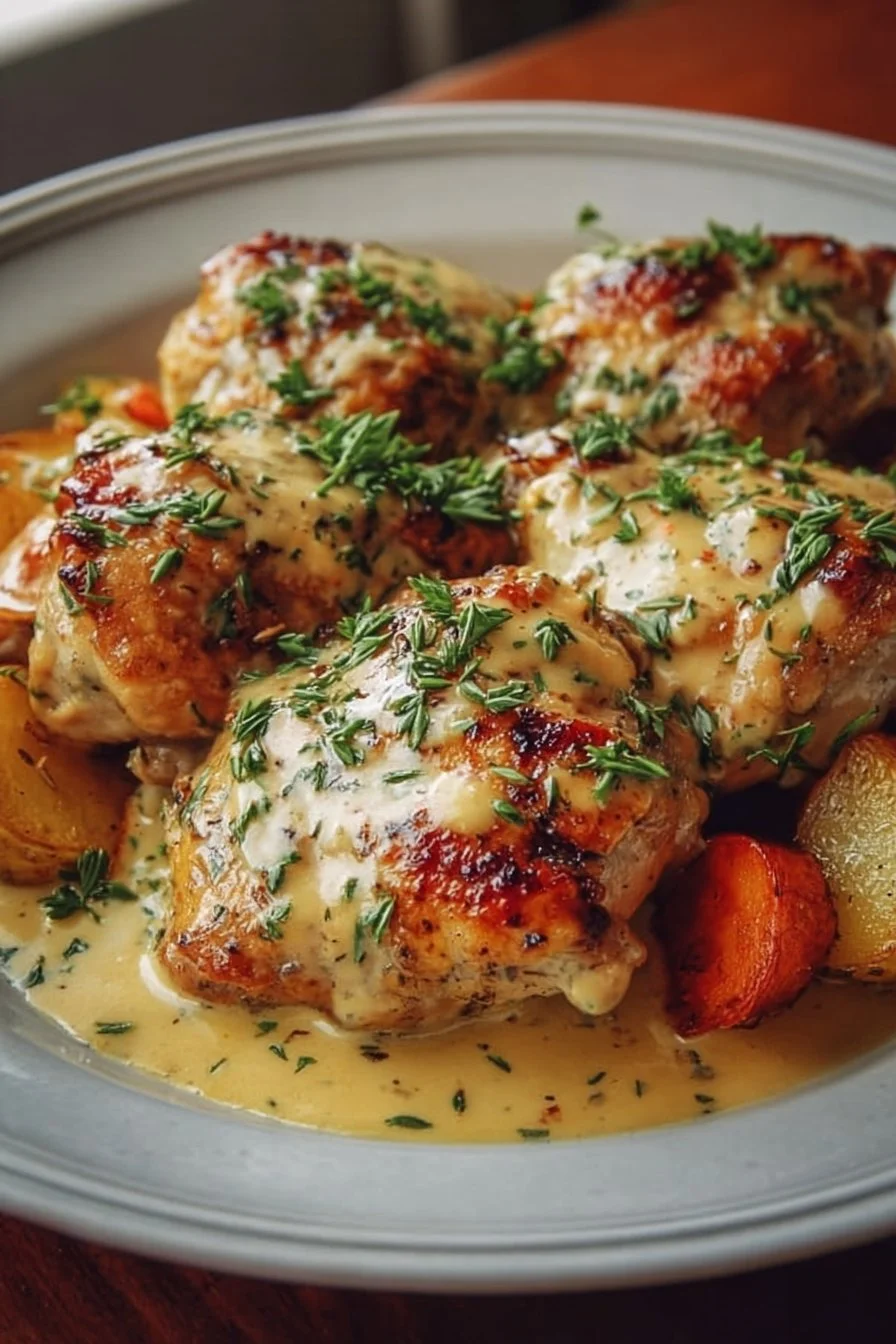 Creamy baked dijon chicken thighs served with vegetables on a plate