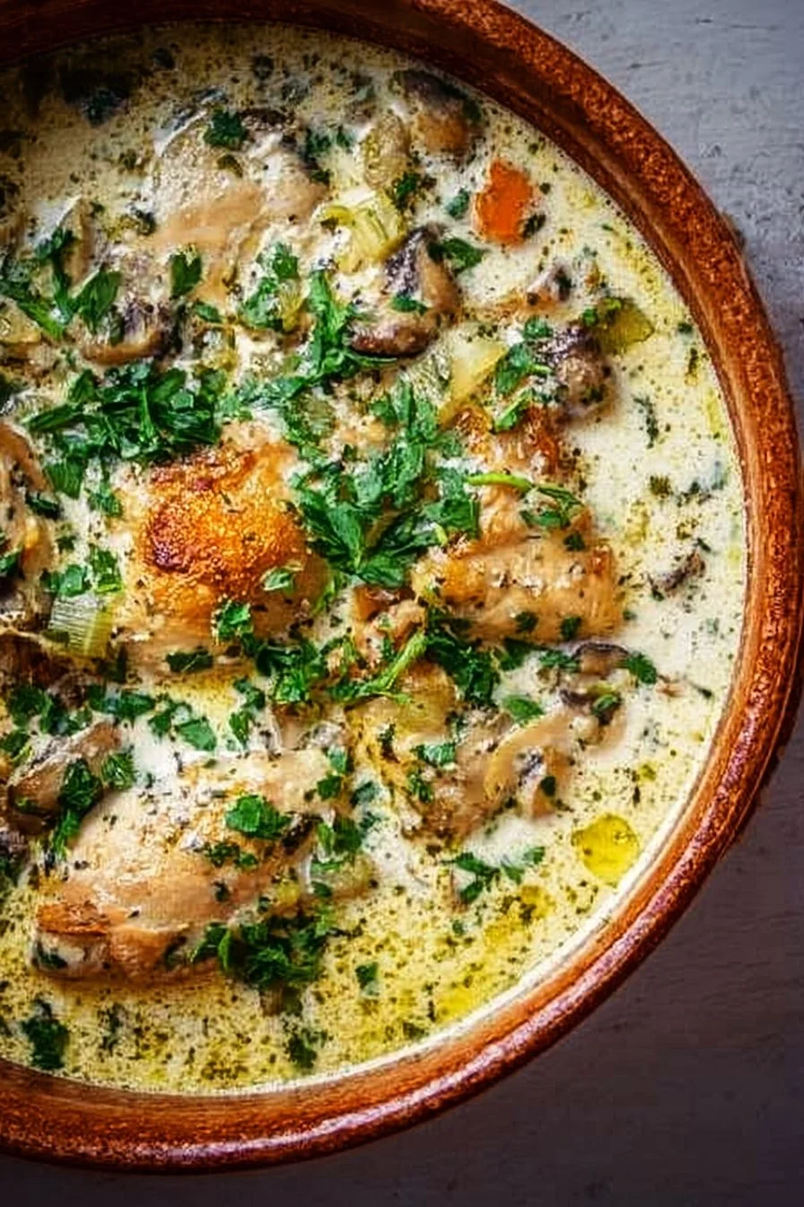 Creamy chicken fricassee with vegetables in a serving bowl