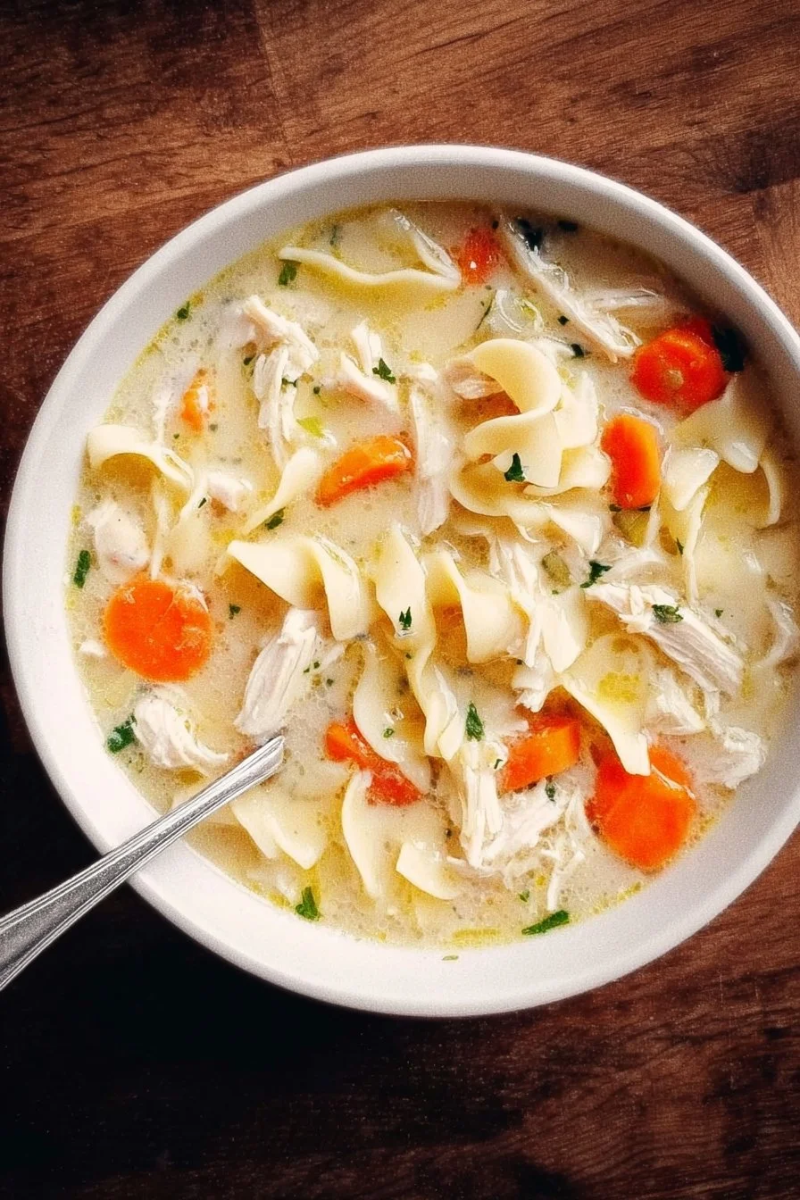 Bowl of creamy chicken noodle soup with vegetables and herbs.