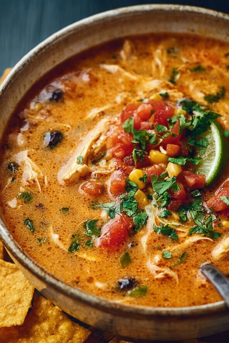Bowl of creamy chicken tortilla soup garnished with tortilla strips and cilantro