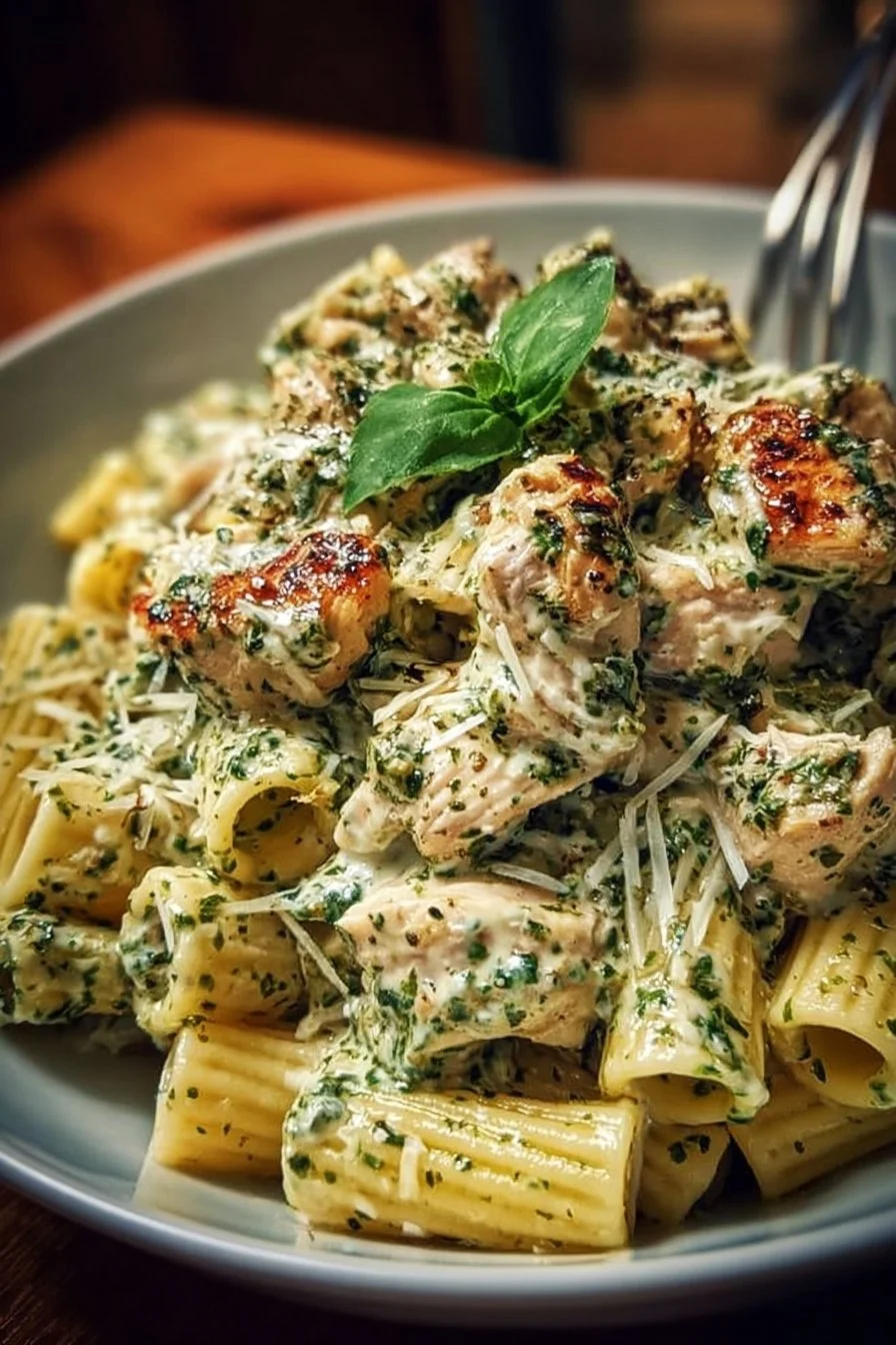 Creamy Pesto Chicken Pasta 2 Creamy pesto chicken pasta dish with fresh ingredients and vibrant colors
