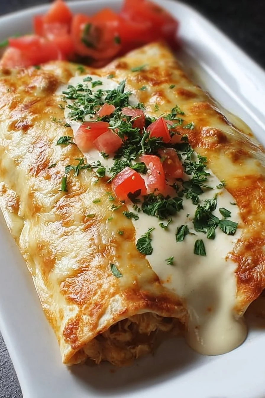 Creamy queso chicken enchiladas served with garnishes for a satisfying meal