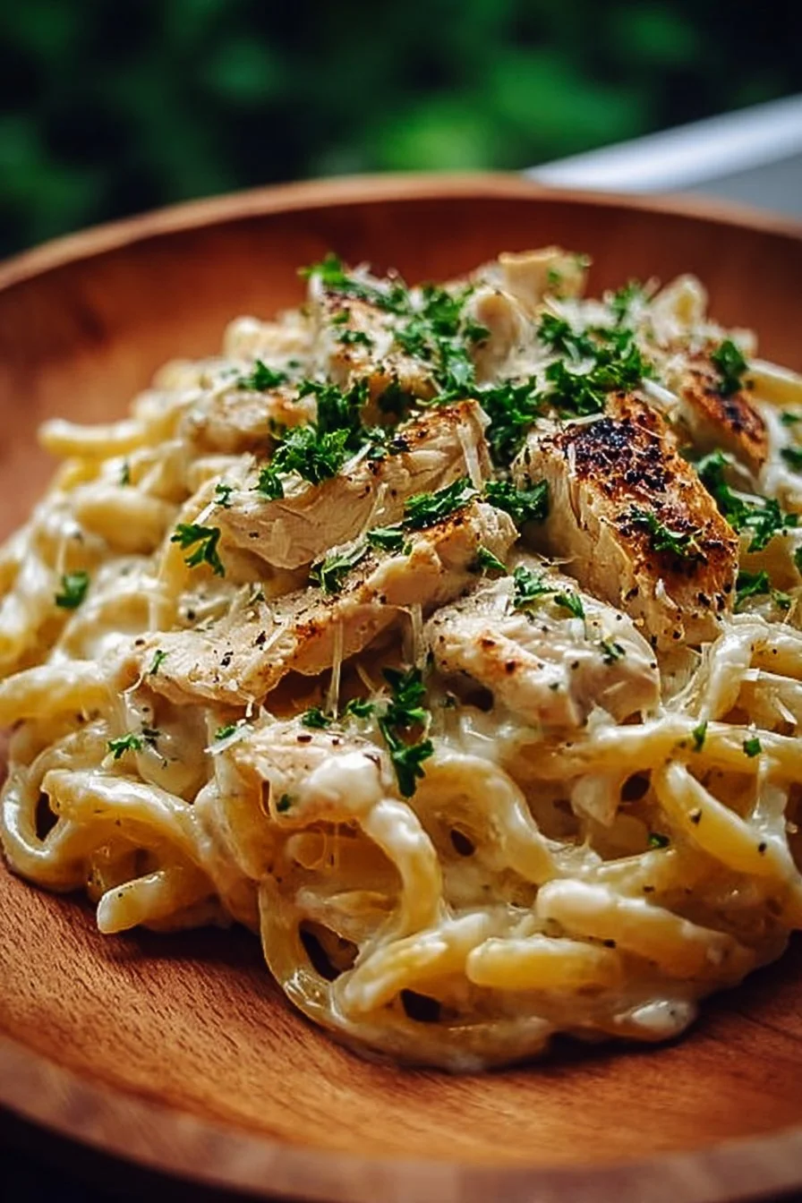 Creamy rotisserie chicken pasta dish served in a bowl with herbs